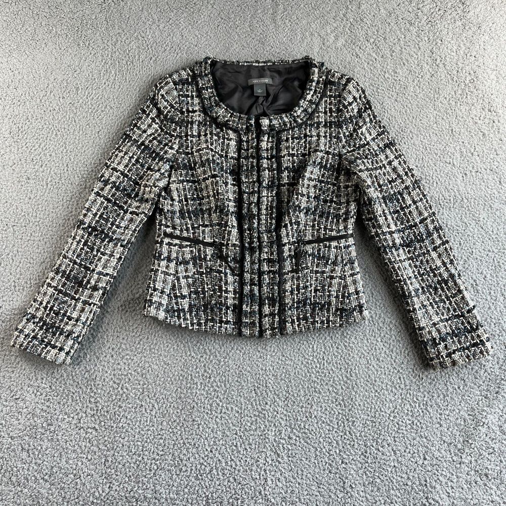 Ann Taylor Blazer Womens 8 Brown Gray Plaid Wool Blend Coat Jacket Round Neck